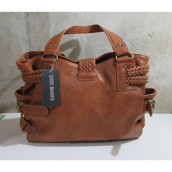 Steve Madden BSamba Leather Purse Satchel Tote with Braid Cognac NWT - Picture 5 of 7
